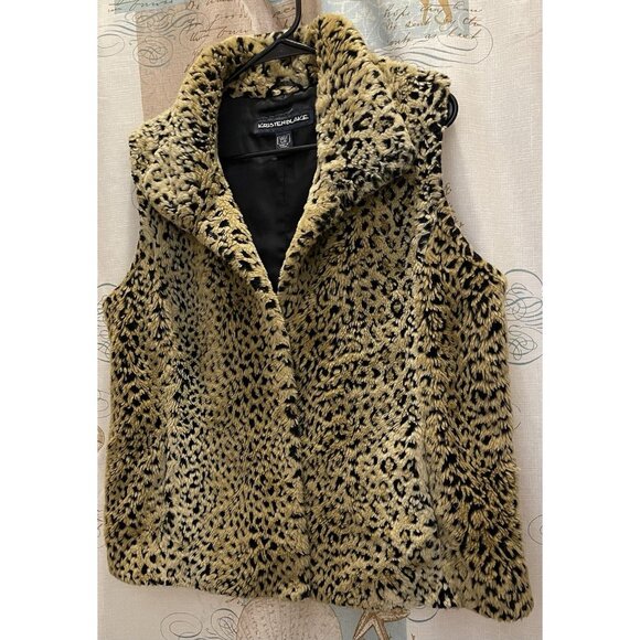 Kristen Blake Faux Fur Leopard Vest Womens Lg Animal Print Turtle Neck Winter - Picture 2 of 13